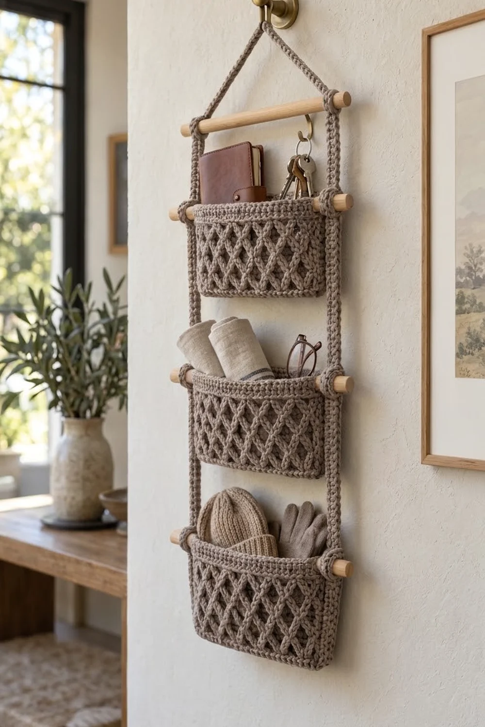 Taupe crocheted wall organizer with wooden dowels holding a wallet, keys, and textiles in a minimalist home setting.