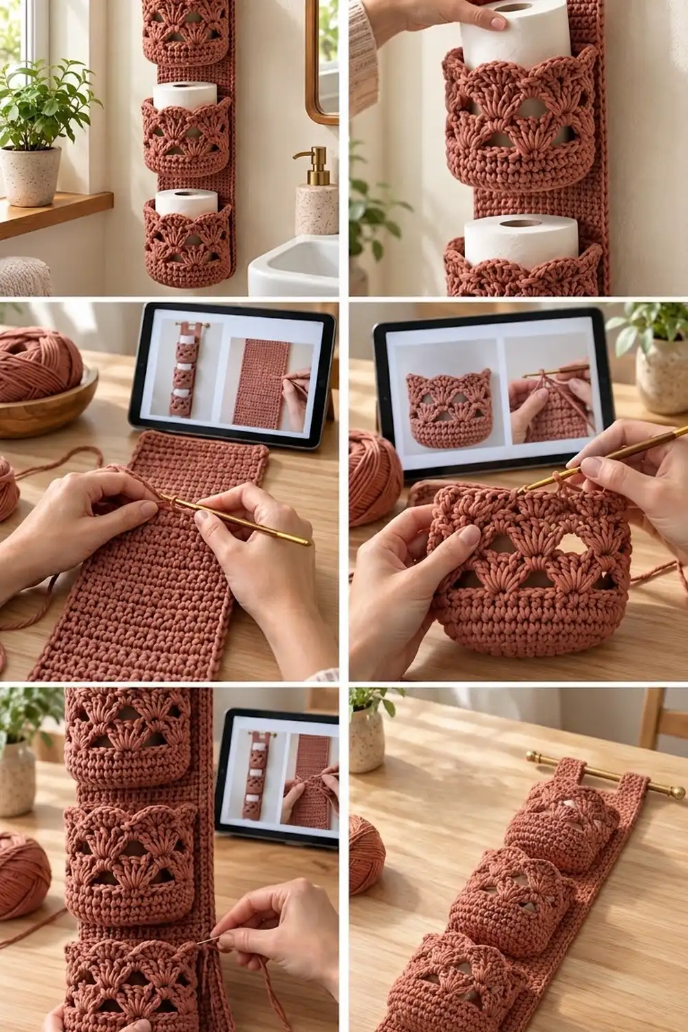 Rust-colored crocheted cat-face tissue holders in bathroom, with hands crafting the design using a crochet hook and pattern.