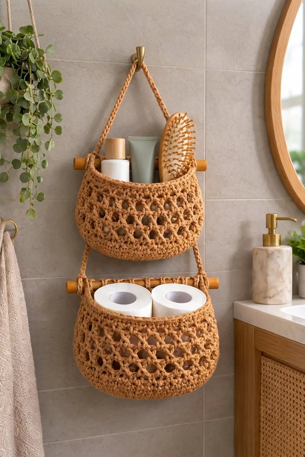 Two caramel crocheted hanging baskets hold bathroom products and toilet paper in a modern bathroom.
