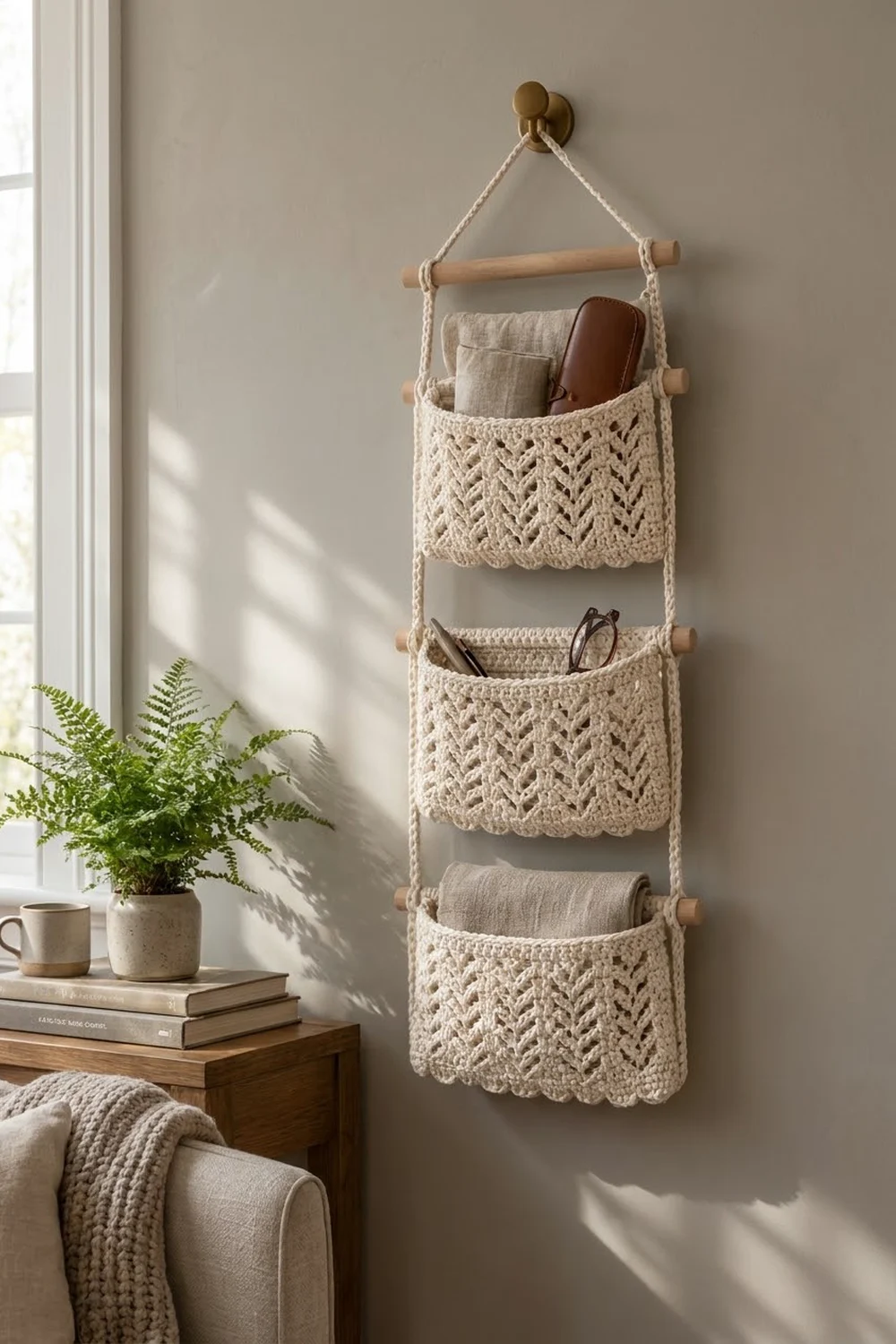 Cream crochet wall organizer with three textured pockets storing linens and accessories in a bright, minimalist room.