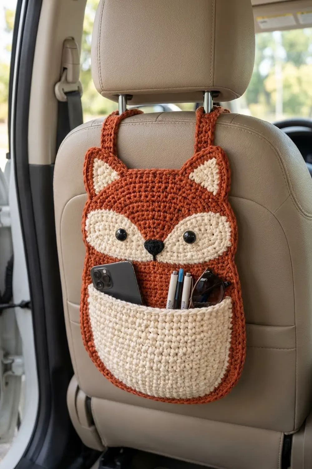 Handmade orange and cream fox-shaped car organizer with storage pockets, displayed on a tan headrest.