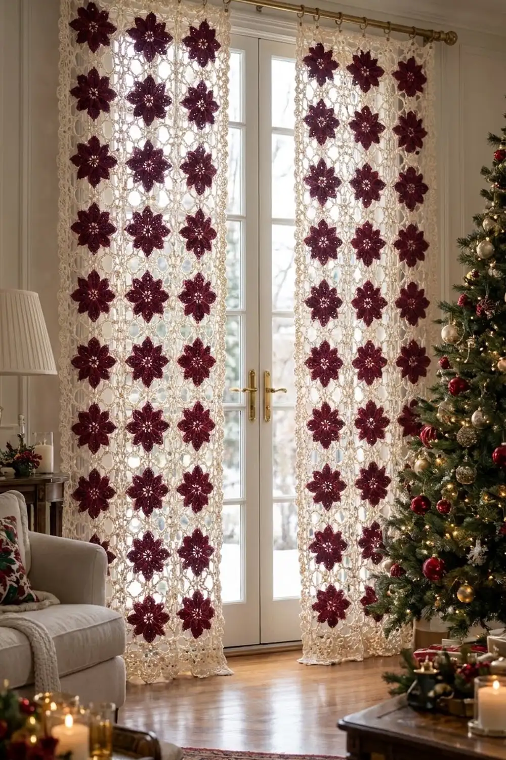 Cream and burgundy crochet star curtains frame a window beside a decorated Christmas tree in an elegant living room.