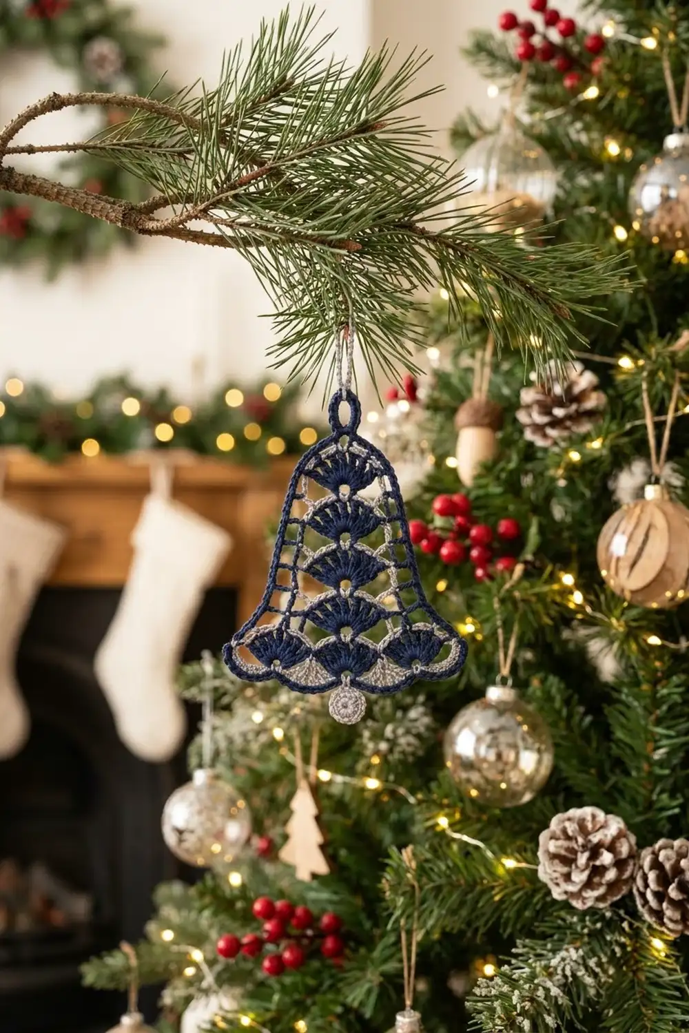 A navy blue crocheted bell ornament hangs from a pine branch on a decorated Christmas tree.