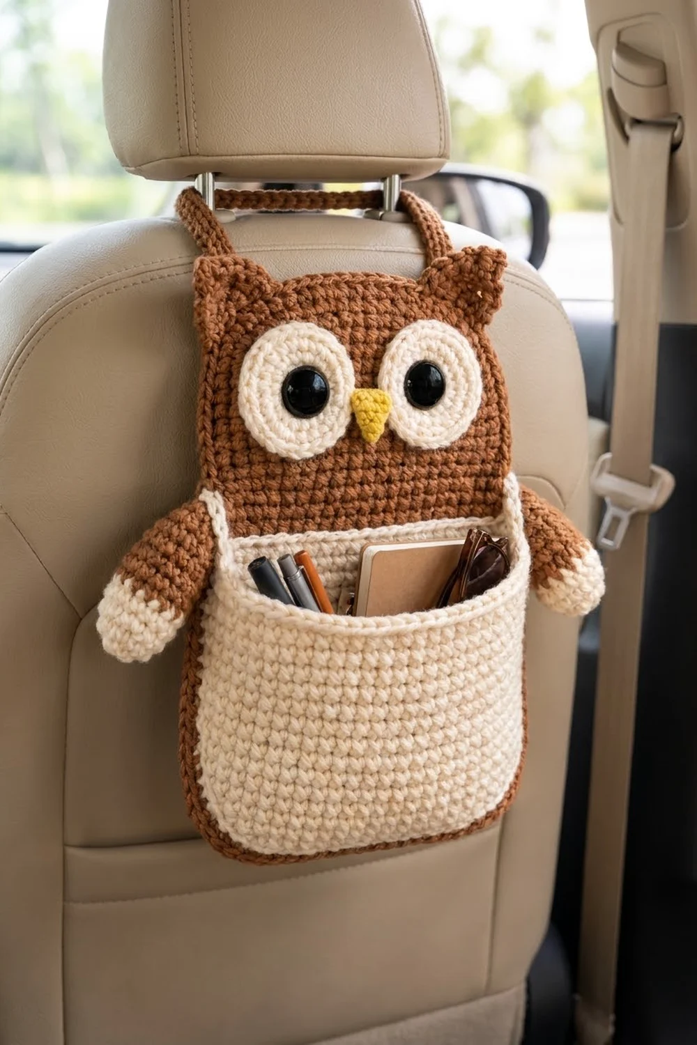 Brown crocheted owl with white eyes and yellow beak hanging on beige car seat, storing pens and notebook.