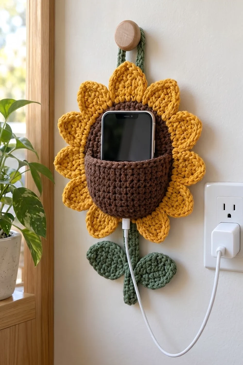 Crocheted sunflower phone holder with golden petals, brown center pocket, and green stem mounted on wall.
