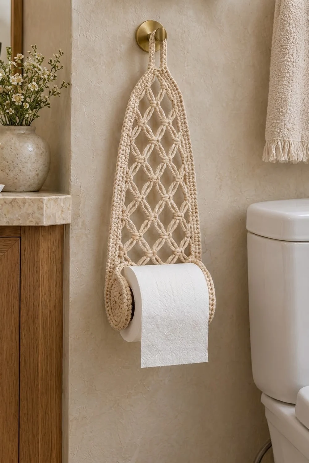 Cream handmade macramé toilet paper holder with geometric knots displays white toilet paper in a spa-like bathroom.