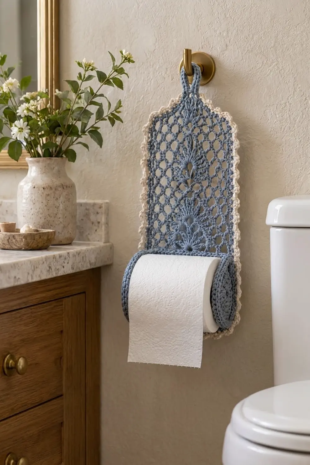 Lacy blue and white crocheted toilet paper holder hanging on bathroom wall beside wooden vanity with flowers.