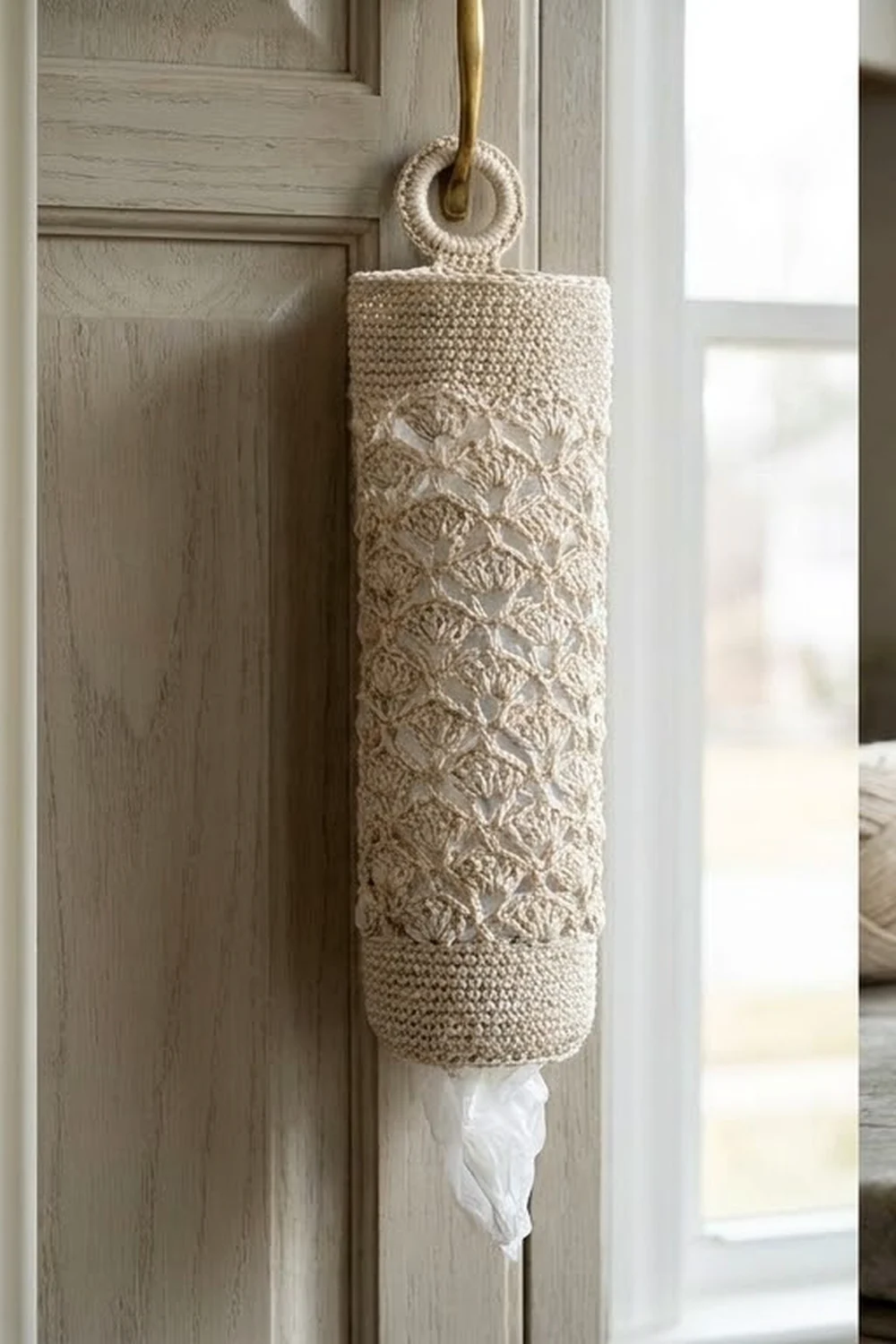 Cream crocheted tissue holder with lace pattern hanging from a brass loop on a light wooden door.