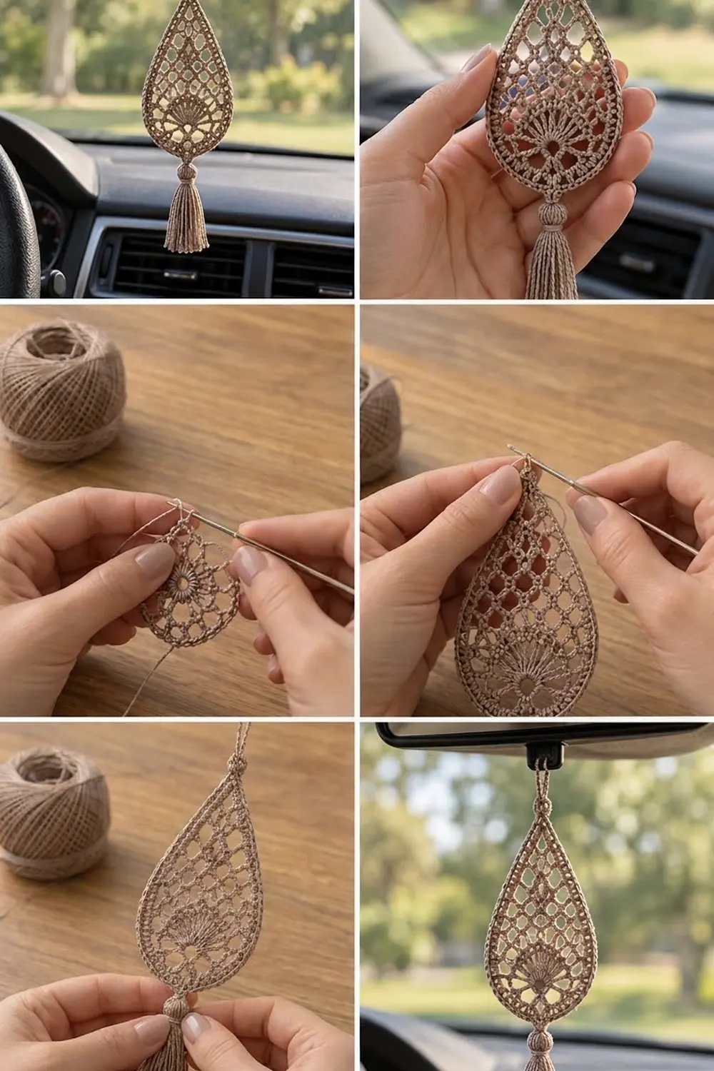 Tan crochet teardrop ornament with lace pattern and tassel, shown hanging in a car and held in hands during crafting.