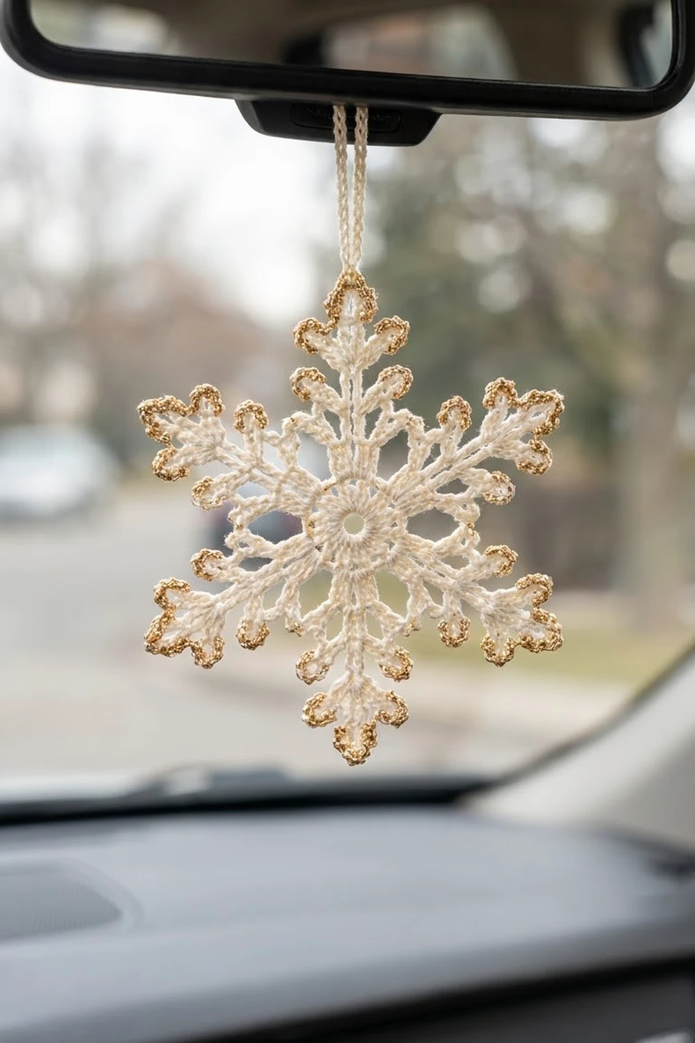 A crocheted cream snowflake with gold-accented edges hangs from a car's rearview mirror against a blurred background.