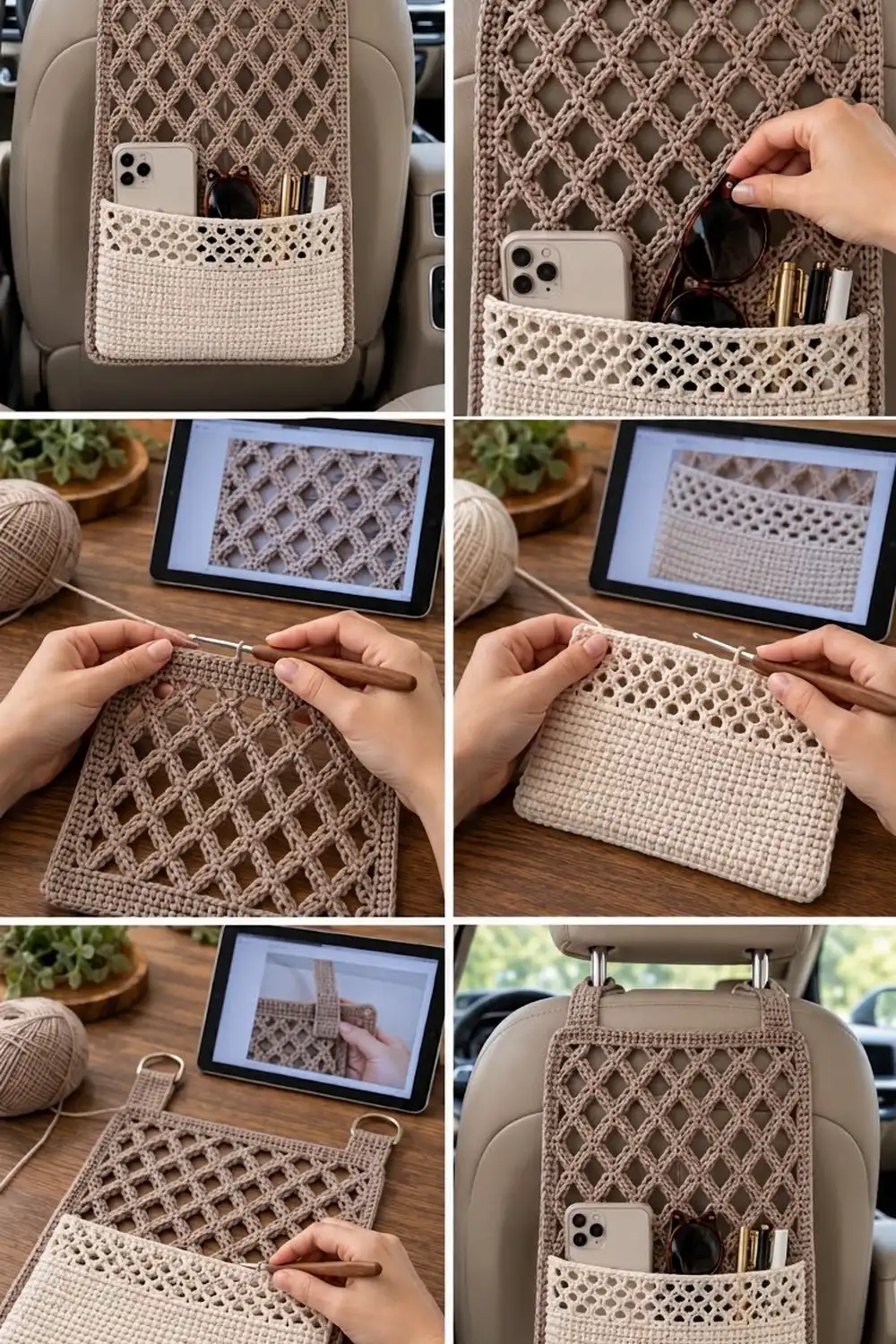 Beige crochet organizer with lace and mesh panels displayed hanging on a car seat and styled on a wooden desk.
