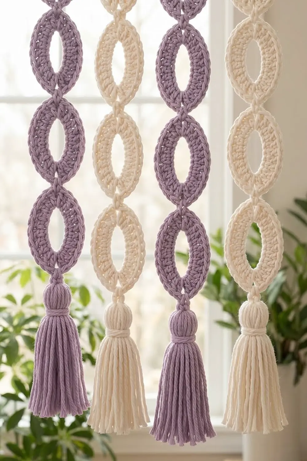 Four crocheted chain garlands in alternating purple and cream colors with tassels hang in a bright window.