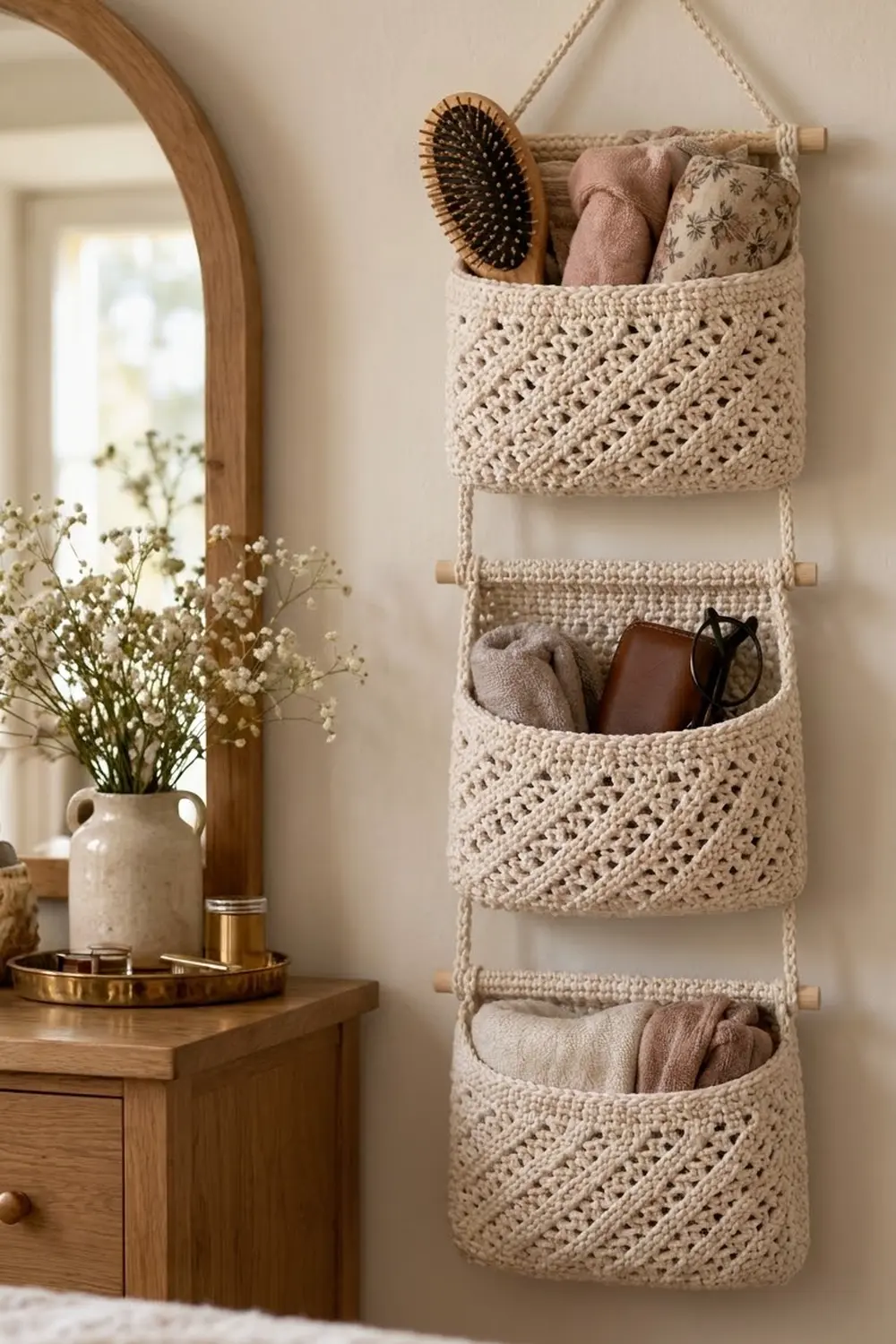Cream crocheted wall organizer with three pockets and wooden dowels, filled with towels and bath accessories in a bright bedroom.