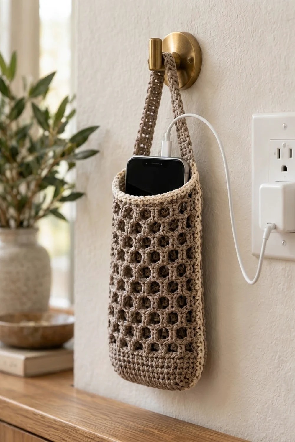 Crocheted beige phone holder with openwork pattern on brass hook holds smartphone with charging cable beside a potted plant.
