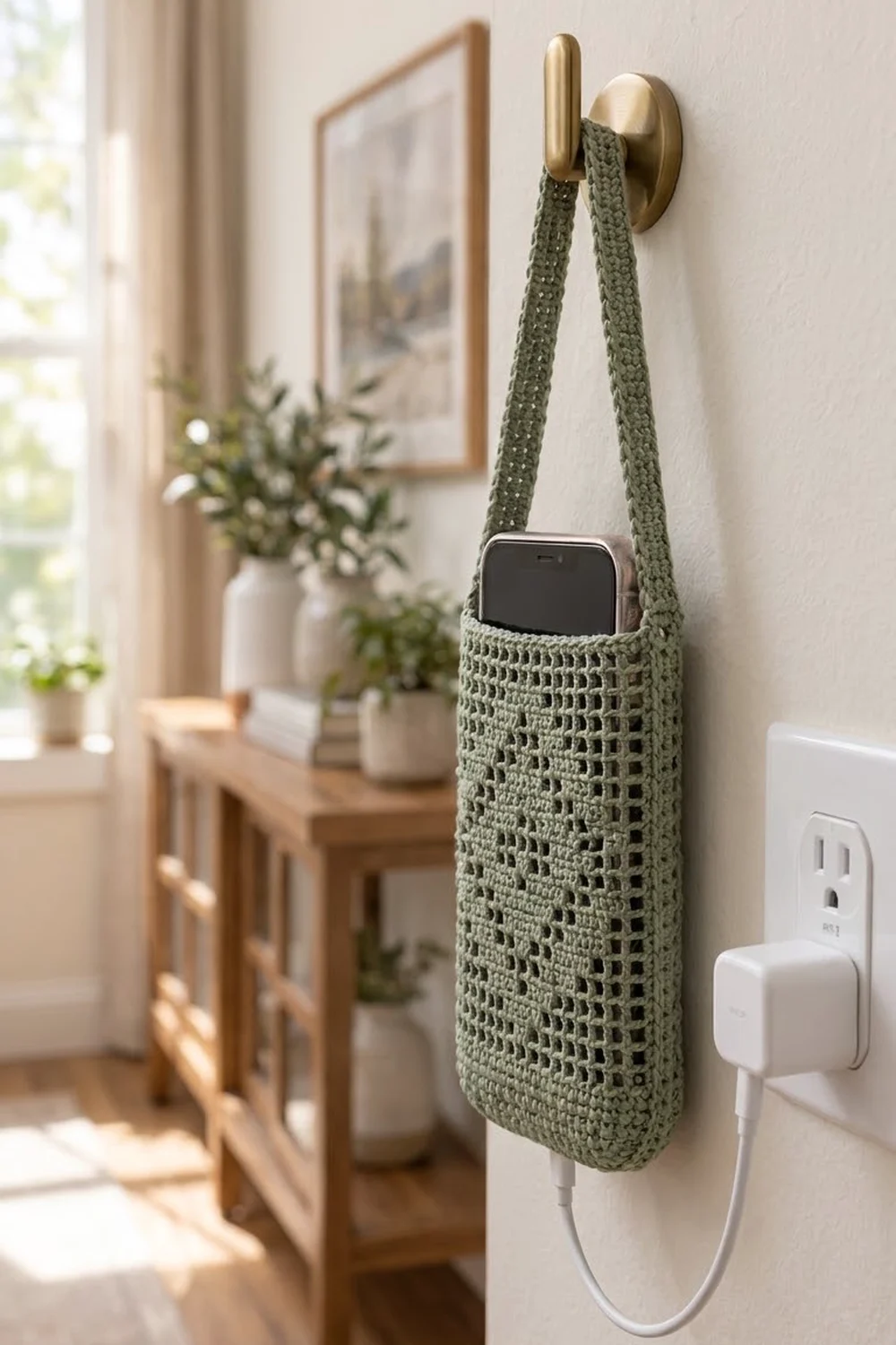 A sage green crocheted phone holder with brass hooks hanging on a white bedroom wall in natural daylight.