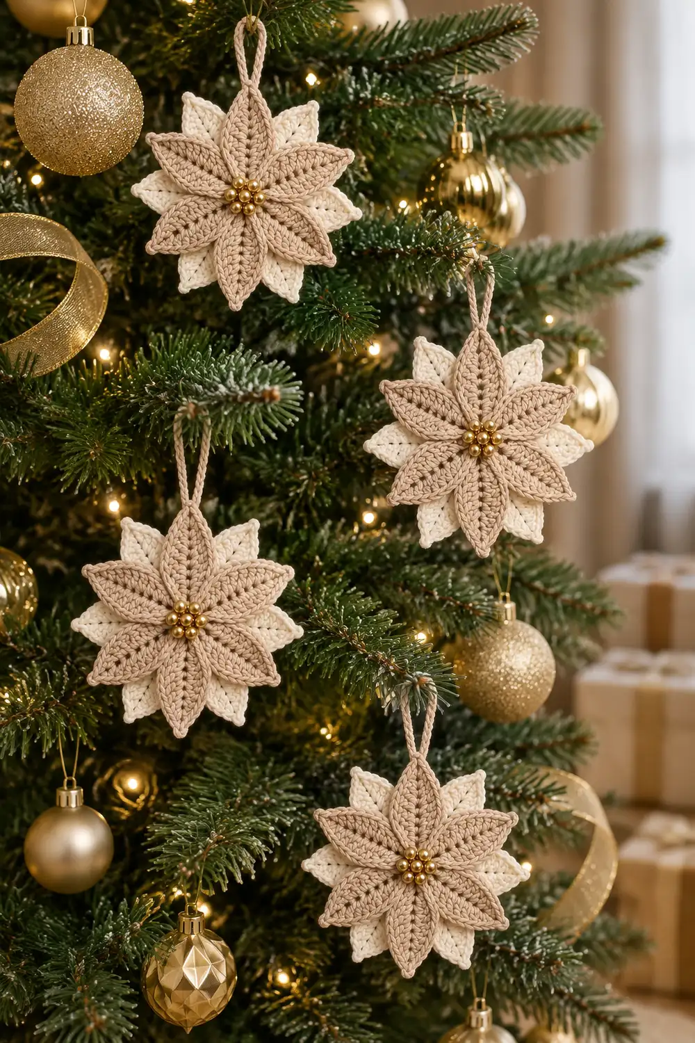 Four cream crocheted star ornaments with gold centers hang on a decorated Christmas tree with gold baubles.