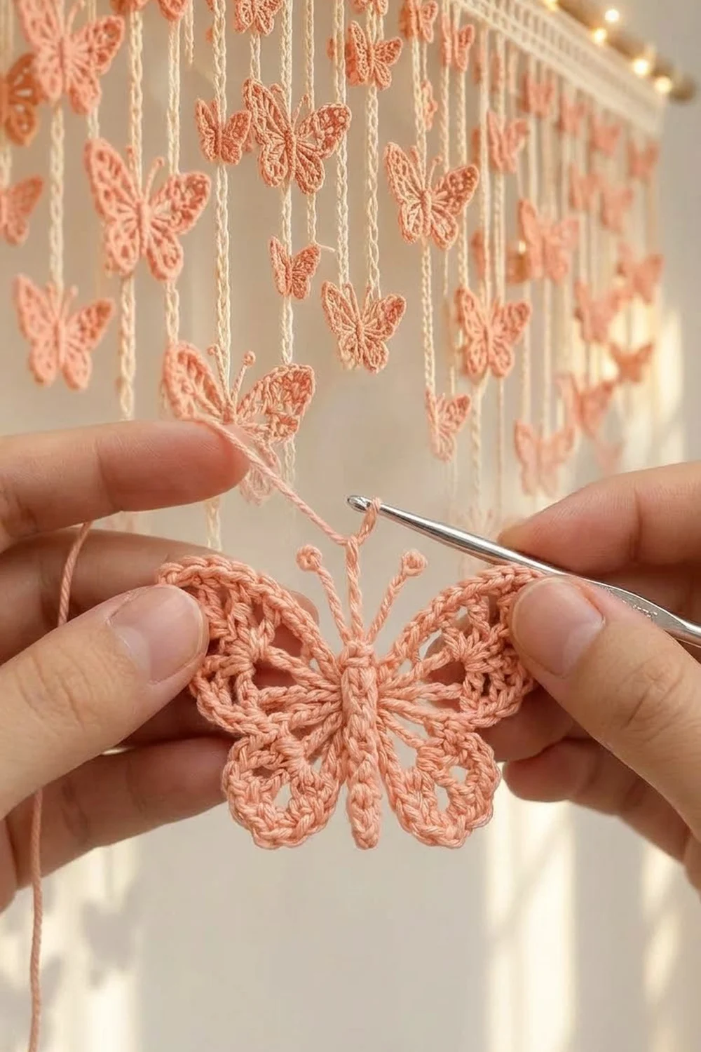 A person crochets a delicate peach butterfly ornament while holding a crochet hook, with hanging butterfly garland in background.