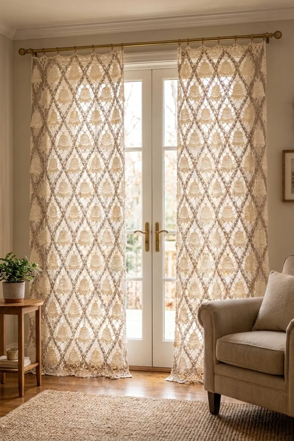 Pair of cream lace curtains with damask pattern frame glass doors in warm-toned, elegantly styled living room.