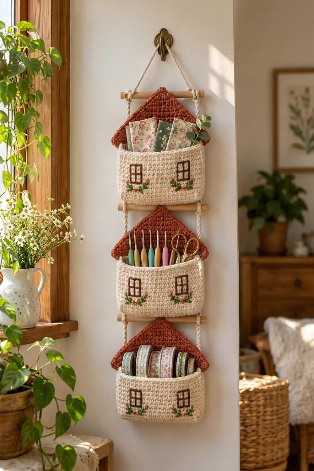 Crocheted three-tier wall organizer with rust roofs and cream bodies holding craft supplies in a bright home with potted plants.