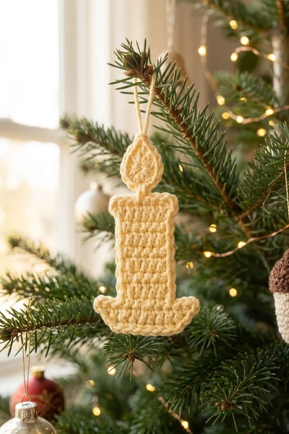 A cream-colored crocheted candle ornament hanging on an evergreen branch with warm lights and holiday decorations.