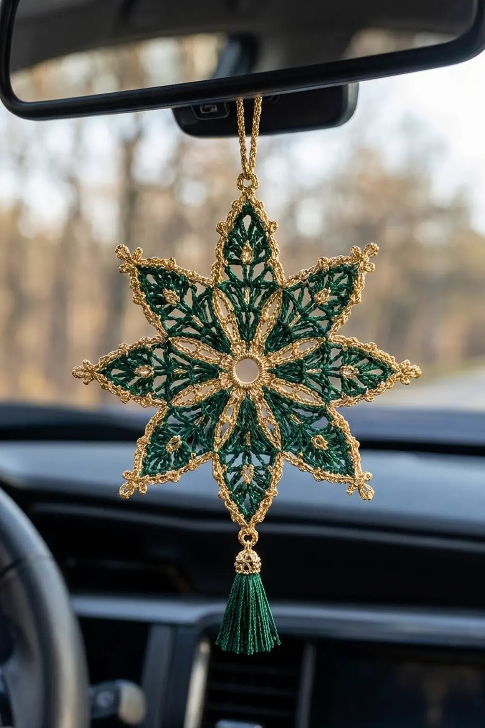 Green and gold crocheted snowflake ornament with tassel hanging from a car's rearview mirror.
