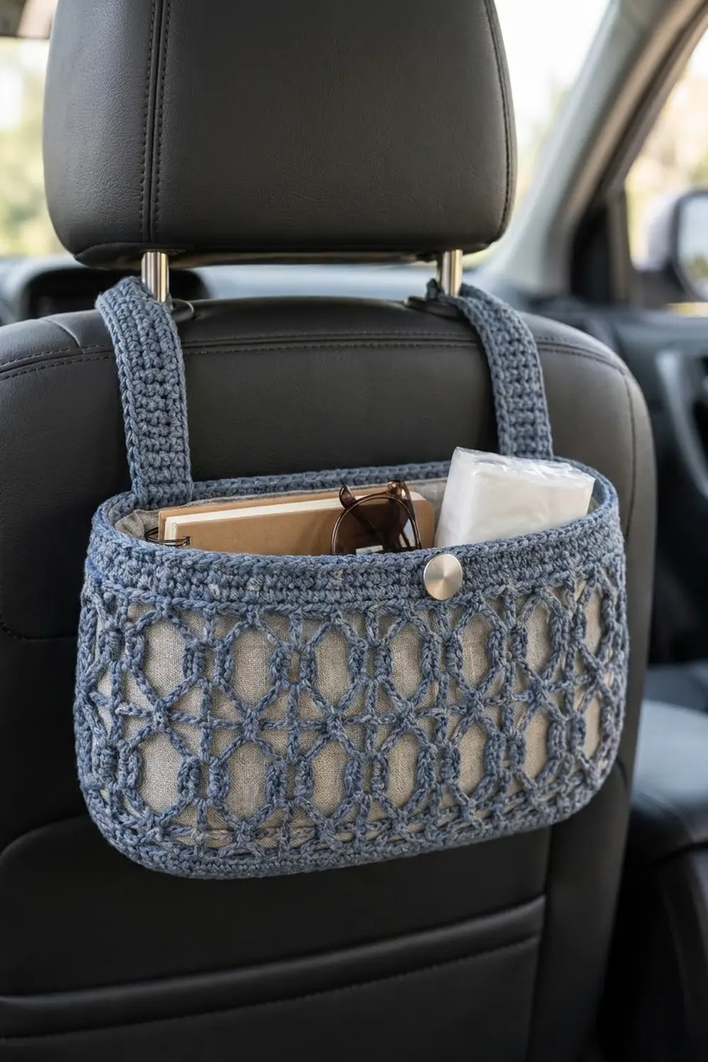 Slate-blue crocheted car organizer with mesh panels hanging from headrest, storing sunglasses and a tan bag in a vehicle.