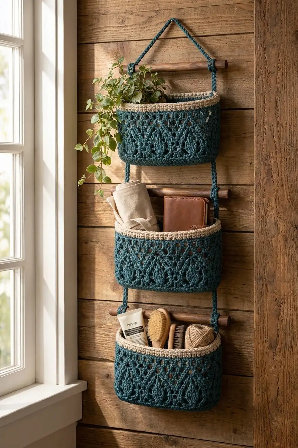 Three-pocket teal crochet organizer with cream trim displaying plants, bath items, and accessories on rustic wooden wall.