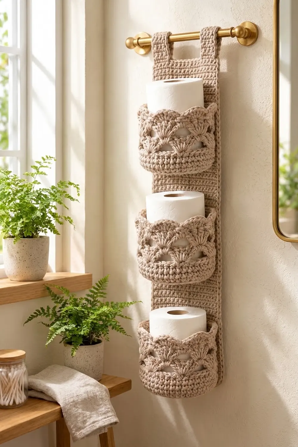 Beige crocheted toilet paper holder with fan stitch detail hanging from brass rod on bathroom wall beside potted plants.