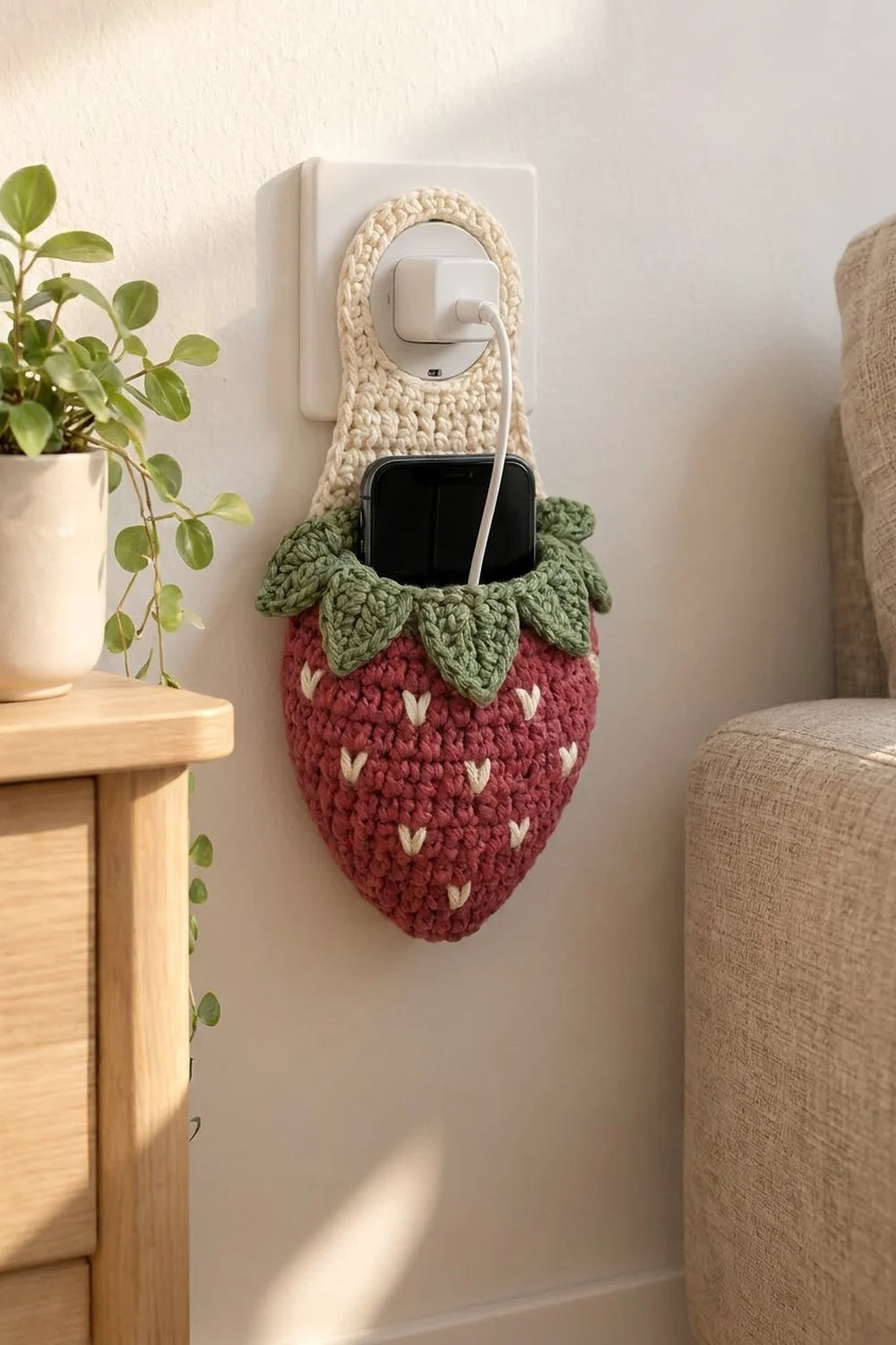 Crocheted strawberry phone holder in red with cream hearts and green leaves holding a smartphone on a white wall.