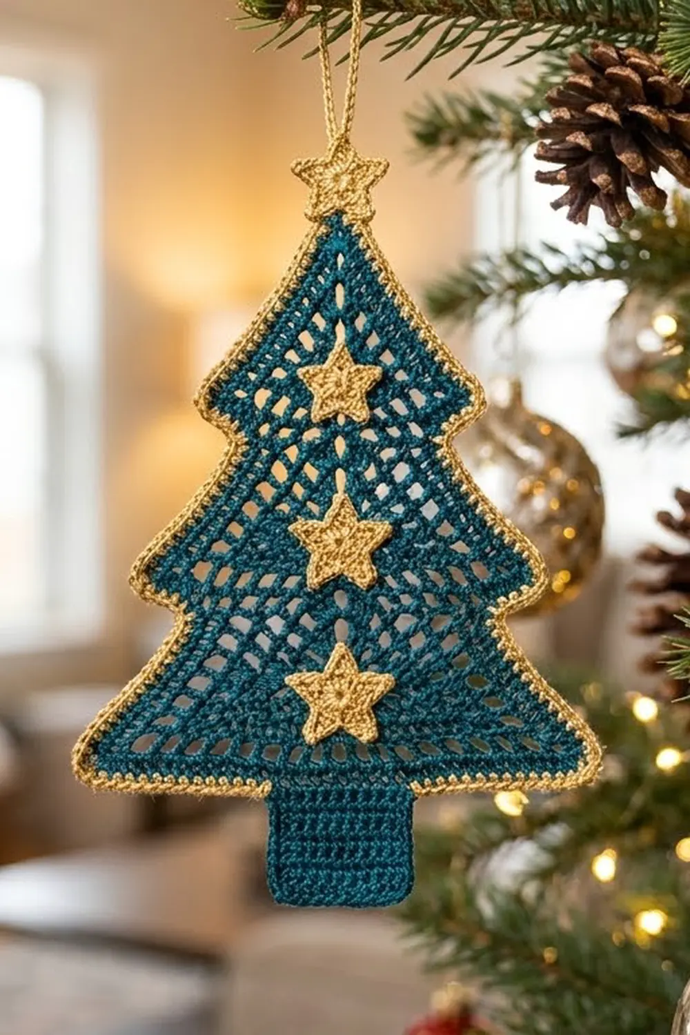 Teal crocheted Christmas tree ornament with gold stars and edges, hanging in a warm holiday setting.
