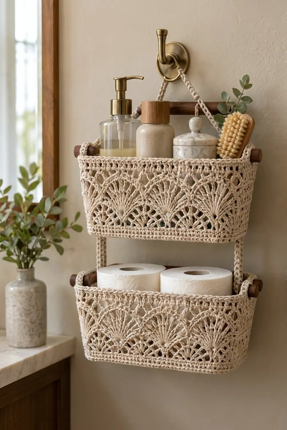 Cream crocheted hanging bathroom organizer with lace pattern holds soap, bottles, brush, and toilet paper on neutral wall.