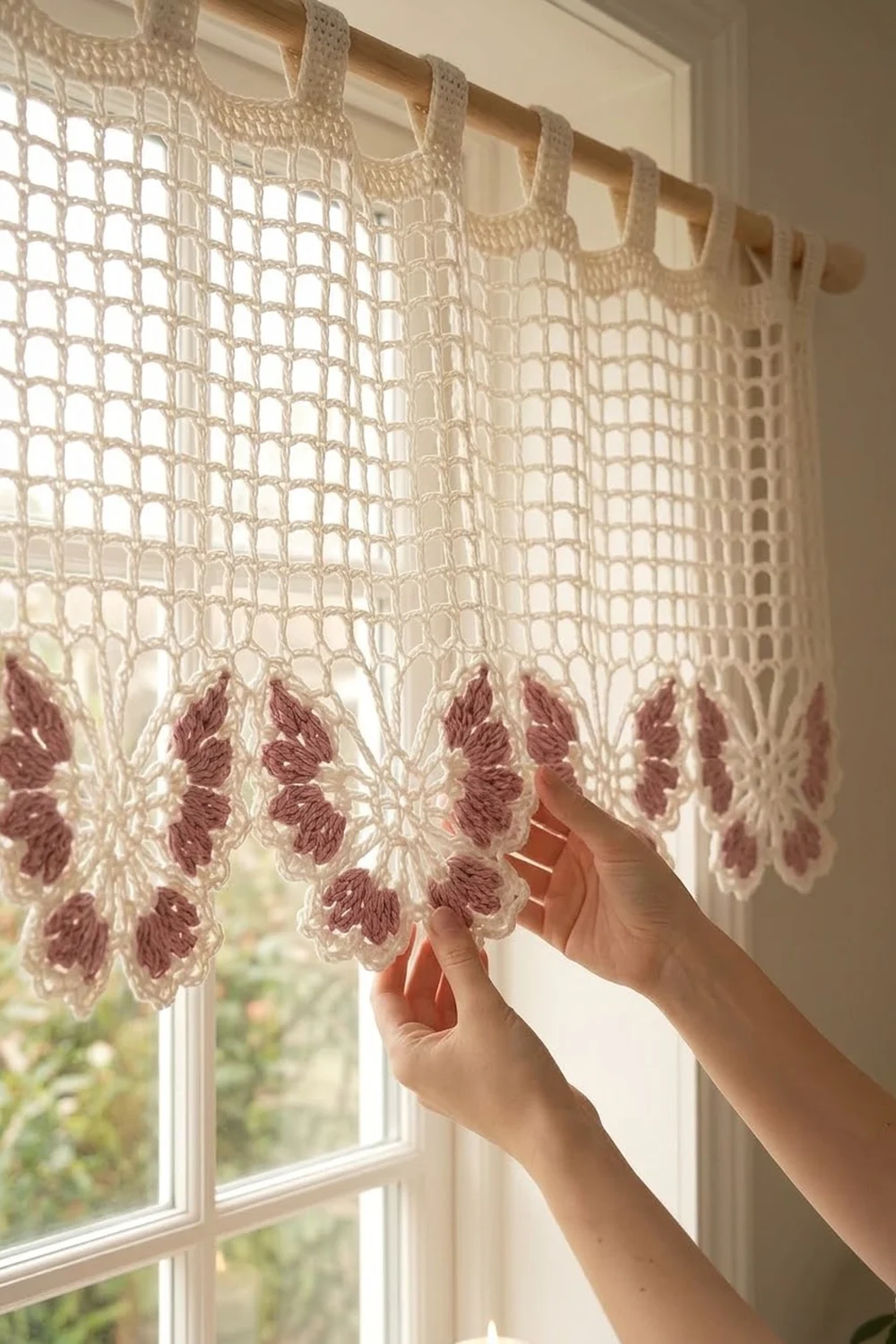 A hand adjusts a cream and mauve crocheted lace curtain hanging on a window rod.