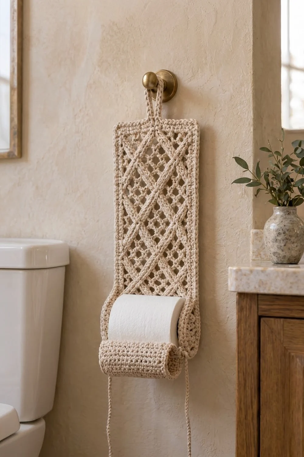 Cream crocheted toilet paper holder with cable pattern hangs on bathroom wall from brass hook next to potted plant.