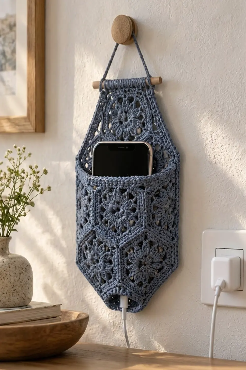 Slate-blue crocheted phone holder with ornate lace pattern hanging on white wall in minimalist setting.
