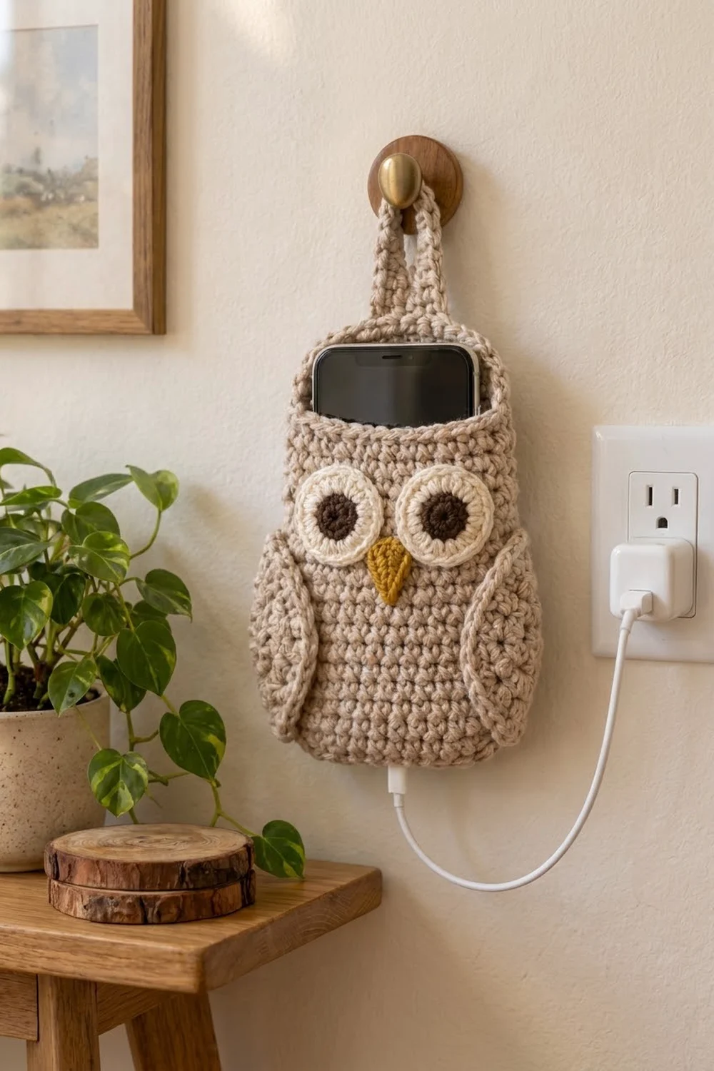 Crocheted beige owl phone holder with yellow beak and button eyes, mounted on wall next to a potted plant.