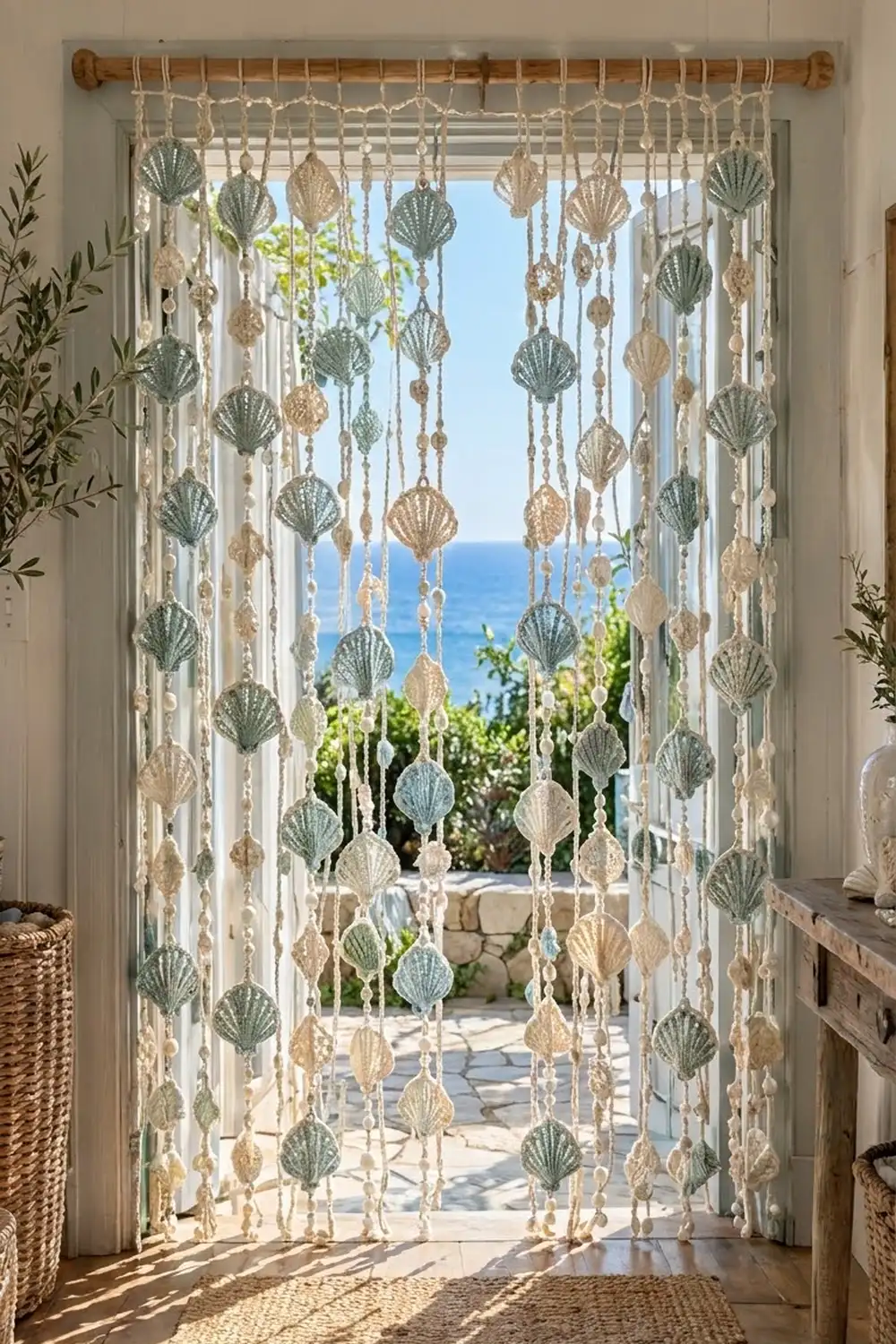 Crochet shell curtain in cream, green, and tan colors hanging in a bright coastal home doorway with ocean view.