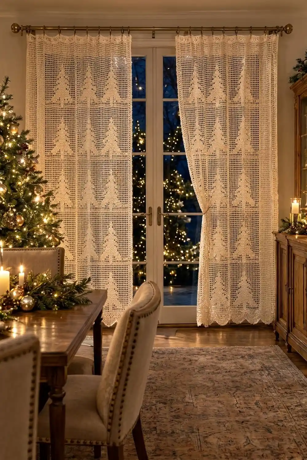 Cream filet lace curtains drape tall French doors framing outdoor holiday lights in a warmly decorated dining room.