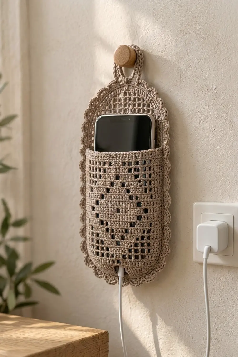 Beige crocheted phone holder with openwork pattern hanging on white wall by an electrical outlet.
