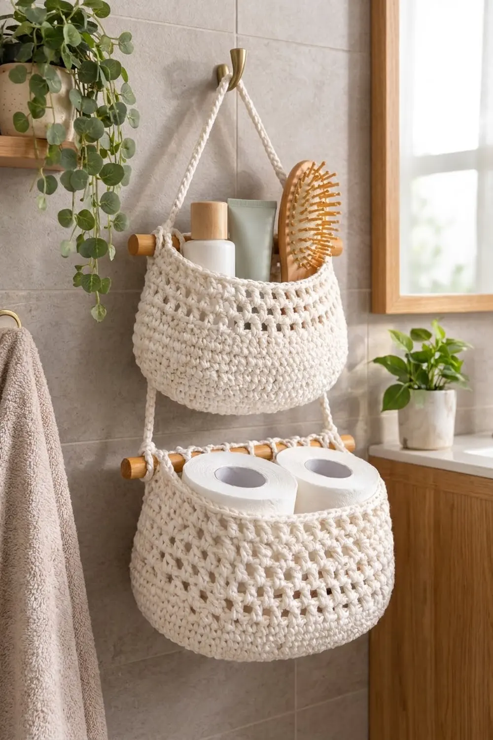 Two white crocheted hanging baskets with brass fixtures store grooming products and toilet paper on a bathroom wall.