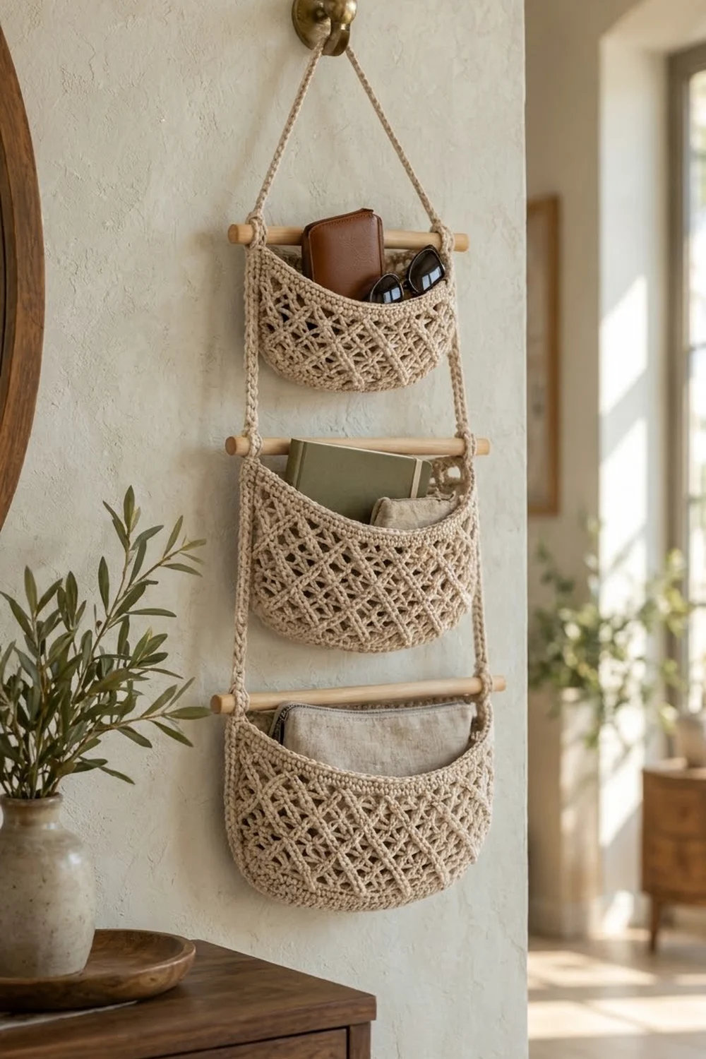 Cream macramé three-tier wall organizer with wooden dowels holding books, wallet, sunglasses, and fabric items in bright, minimalist home interior.