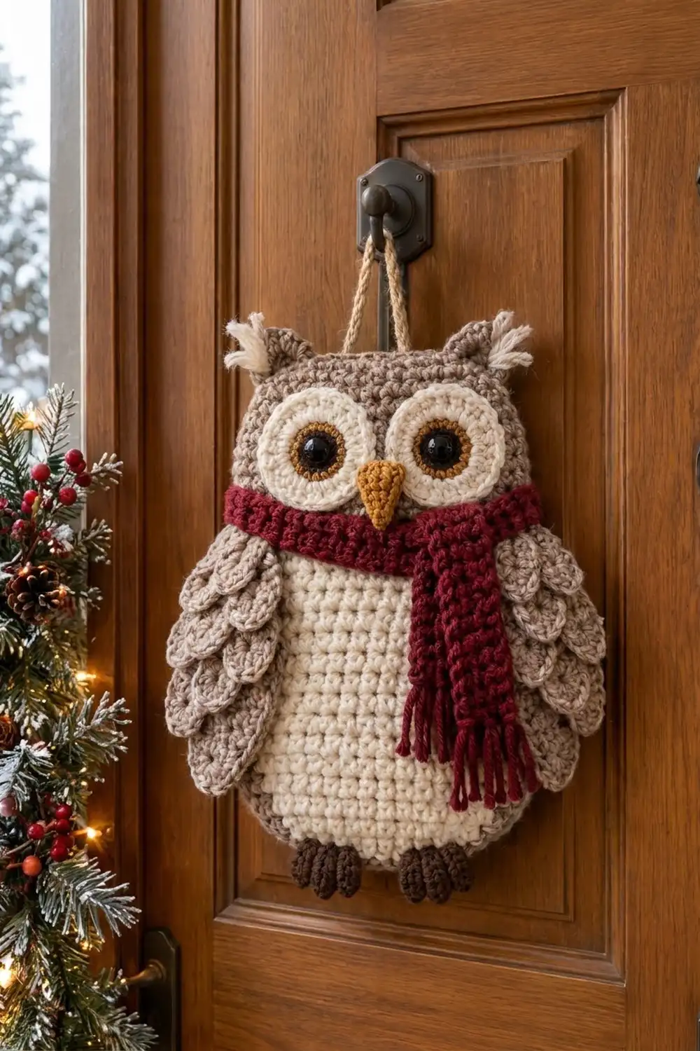Crocheted cream and tan owl with burgundy scarf and golden beak hangs on wooden door near holiday garland.
