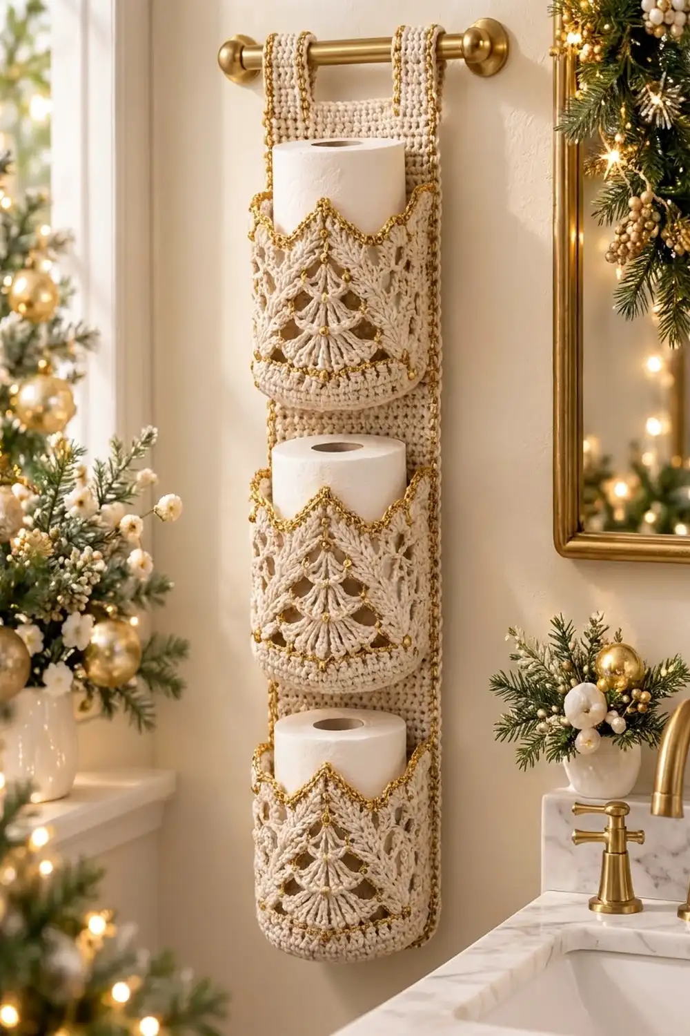 Crocheted cream and gold toilet paper holder with shell motifs holding rolls in a holiday-decorated bathroom.