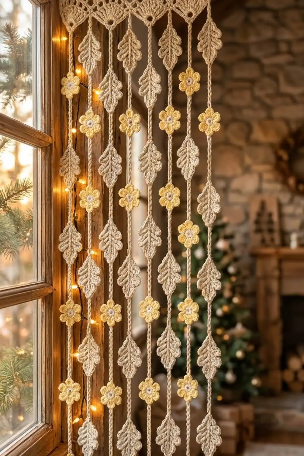 Macramé curtain with cream leaf and gold flower motifs hanging at window with warm lights and holiday décor.