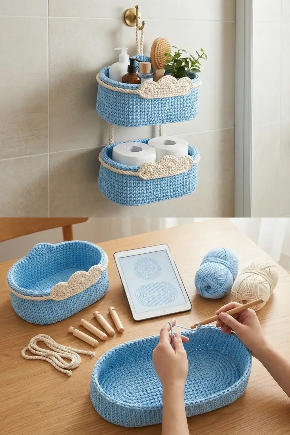 Pale blue crocheted storage baskets with cream trim hung on bathroom wall and displayed on a crafting workspace table.