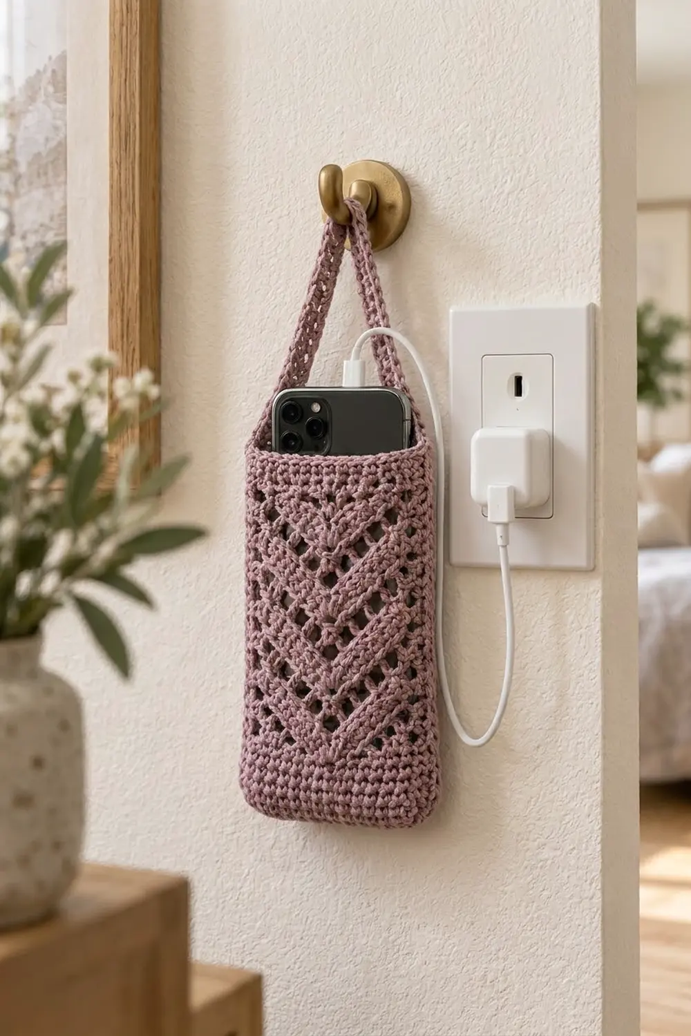 Mauve crocheted phone holder with brass hook mounted on white wall beside charging outlet, surrounded by green potted plants.