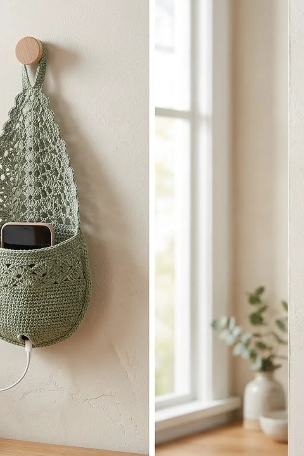 Sage green crochet hanging basket with wooden knob holding a smartphone, displayed on a white wall beside a bright window.