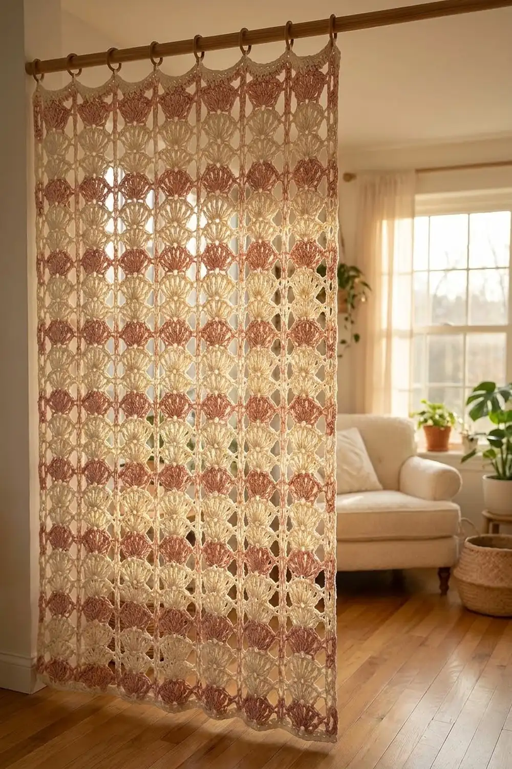 A macramé room divider with shell patterns hangs from a brass rod in a sunlit living room with cream furniture.