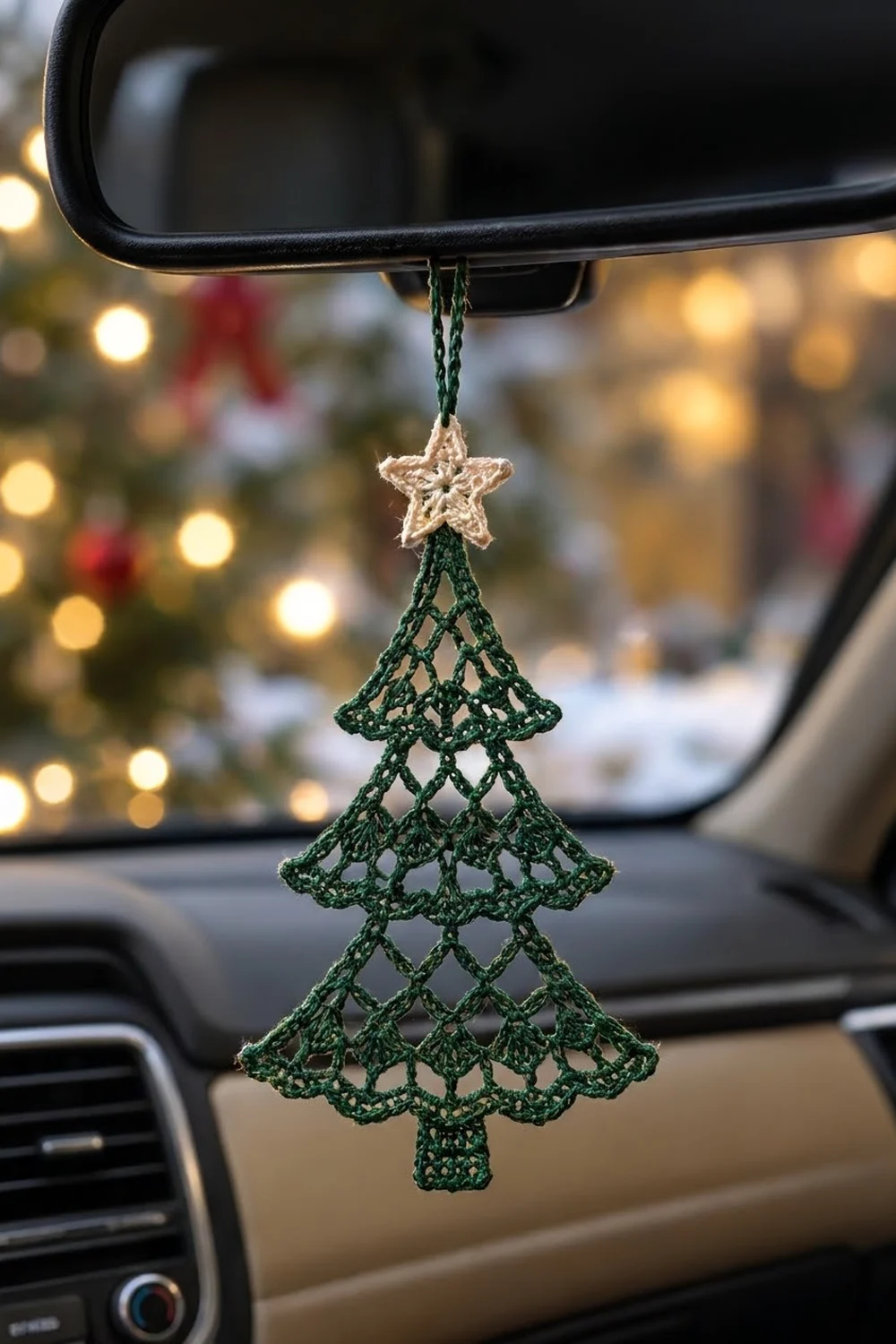 Layered green crochet Christmas tree with cream star ornament hanging from car rearview mirror with festive holiday bokeh background.