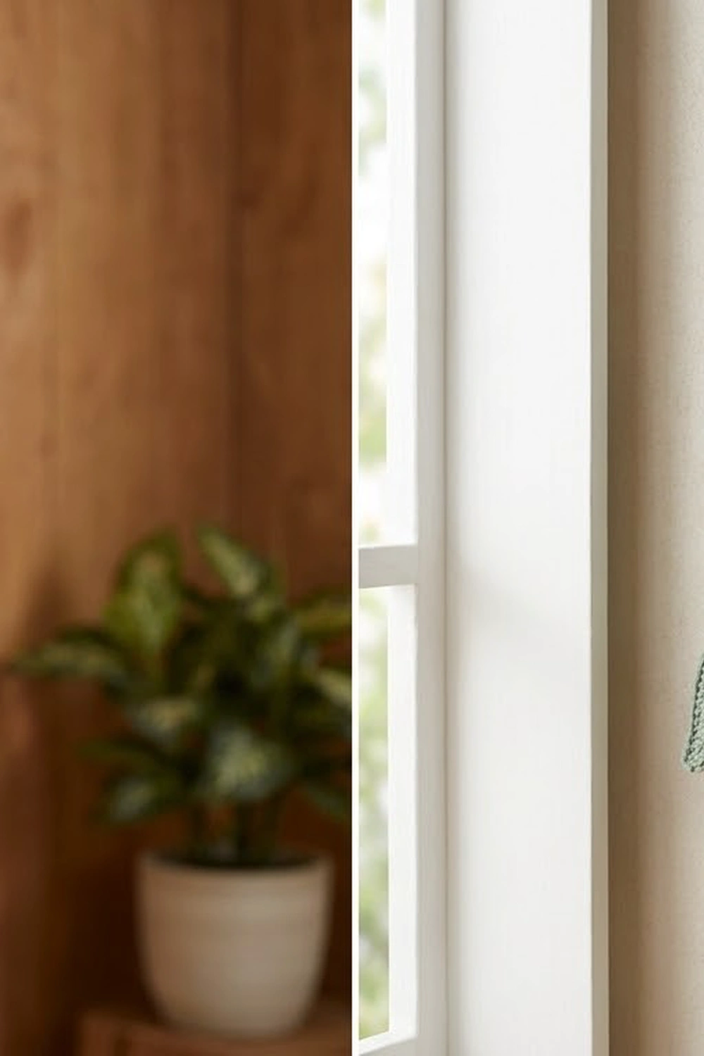 Sage-green crocheted plant hanger hanging by a bright window with a potted plant and terracotta wall.