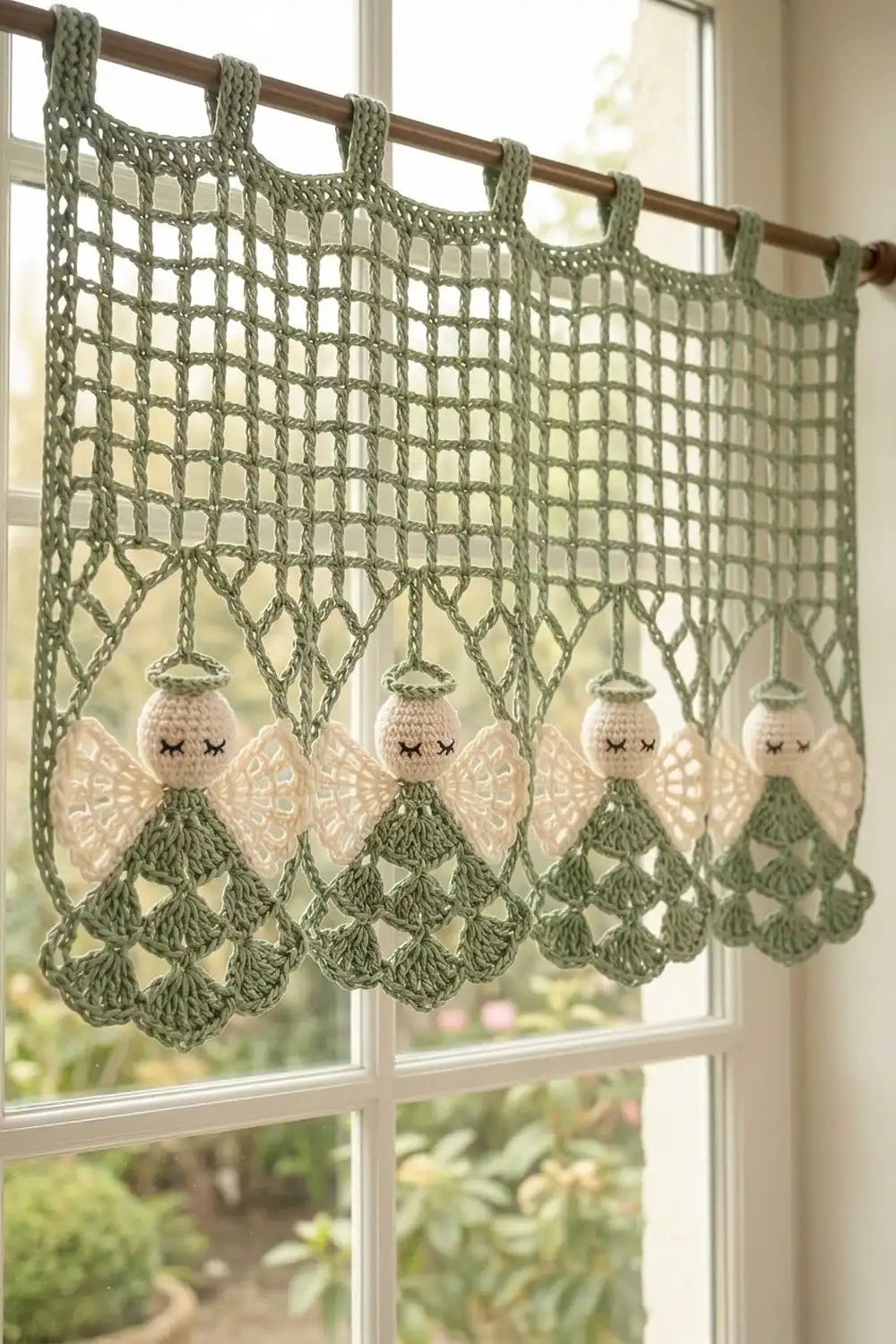 A crocheted sage green window curtain with dangling angel ornaments hung on a wooden rod against a window.